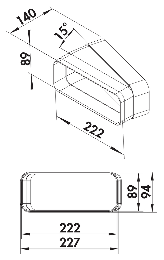 [4043007] F-RBH 150 buisbocht horizontaal 15° voor rechte luchtafvoerbuizen met eenzijdig aangepaste mof, 227 x 94 mm
